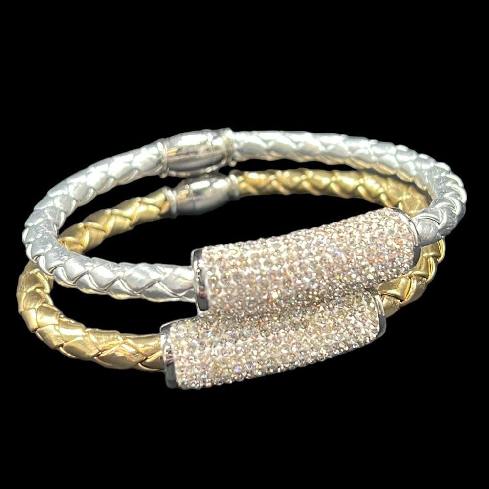 Vegan Leather Bracelets Set of 2 Metallic Woven Cubic Zirconia Magnetic Closure